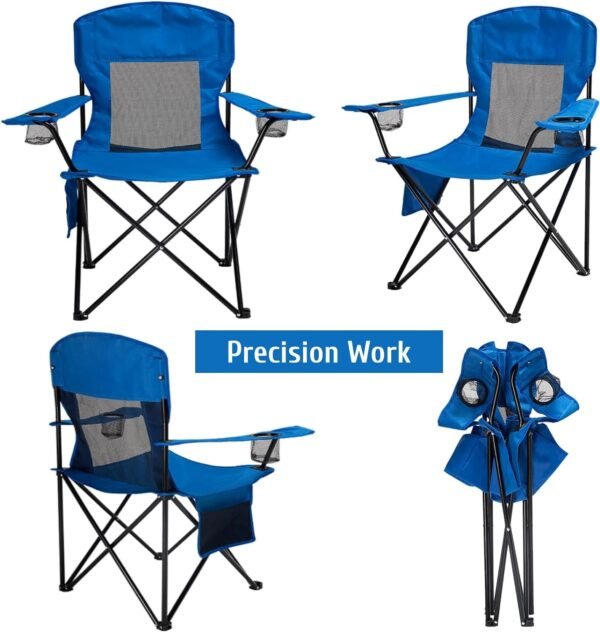 Portable Camping Chair Folding Quad Outdoor Lawn Chairs Cooling Mesh Back, Adjustable Arm Height, 2 Cup Holder, Side Pocket for Concert, Carry Bag for Sports Support 300lbs(Blue Mesh)