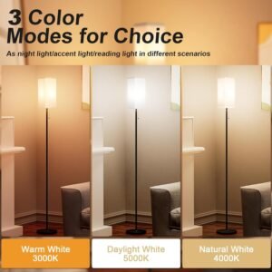 Tall Floor Lamp with Linen Shade - 3 Color Temperature, Black, LED Bulbs, Pull Chain Switch, Easy Assembly