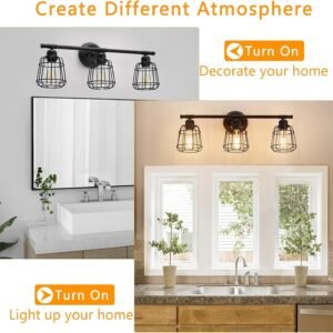 3-Light Bathroom Vanity Light Fixtures Over Mirror, Matte Black Bathroom Lighting Fixtures with Cage, E26 Base Farmhouse Wall Sconces for Bedroom Cabinets Living Room, UL Listed