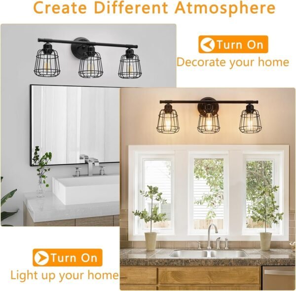 3-Light Bathroom Vanity Light Fixtures Over Mirror, Matte Black Bathroom Lighting Fixtures with Cage, E26 Base Farmhouse Wall Sconces for Bedroom Cabinets Living Room, UL Listed