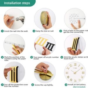 Large 3D DIY Wall Clock, Giant Roman Numerals Clock Frameless Mirror Big Wall Clock Home Decoration for Home Living Room Bedroom Wall Decorations(Gold)