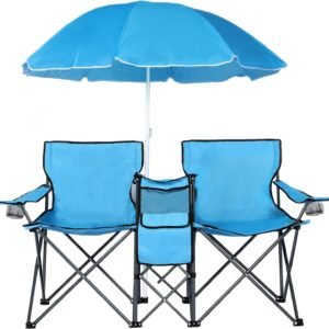 Double Folding Camping Chair W/Umbrella Fold Up Table Beverage Holder Carrying Bag Cooler for Patio Pool Park Outdoor Beach, Picnic, Portable (Grey)