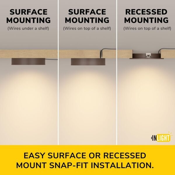 71kvka9D5wL._AC_SL1500.jpg 2.75" Wide 3000K Dimmable LED Puck Lights Kit, Plug-in Installation with recessed or Surface Mounted, Bronze Finished, Set of 3, IN-0102-3-BZ