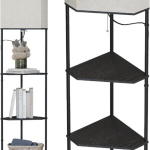 Floor Lamp with Shelves, Modern Square Standing Lamp with 3 Color Temperature Bulb, Corner Display Bookshelf Lamp for Living Room and Bedroom(Black)