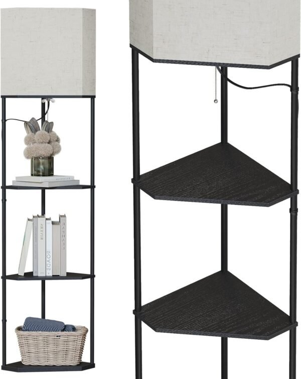 Floor Lamp with Shelves, Modern Square Standing Lamp with 3 Color Temperature Bulb, Corner Display Bookshelf Lamp for Living Room and Bedroom(Black)