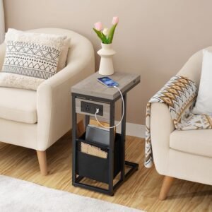 71l8vWTqgWL._AC_SL1500.jpg HOOBRO C Shaped Side Table with Charging Station, Foldable End Table with Fabric Bag, Sofa Table Coffee Table Snack Table for Couch Small Space Living Room, Bedroom, Greige and Black BG30USF01