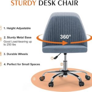 Armless Office Chair Cute Desk Chair, Modern Fabric Home Office Desk Chairs with Wheels Adjustable Swivel Task Computer Vanity Chair for Small Spaces