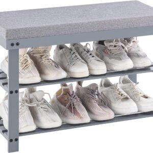 Bamboo Shoe Rack for Entryway, 3-Tier Shoe Rack Bench for Front Indoor Entrance, Small Shoe Organizer with Storage, 35.4 Inches, Black