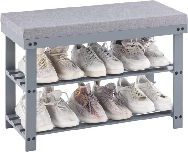 Bamboo Shoe Rack for Entryway, 3-Tier Shoe Rack Bench for Front Indoor Entrance, Small Shoe Organizer with Storage, 35.4 Inches, Black