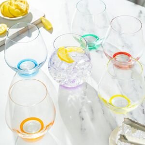 Premium Stemless Wine Glass | Handmade In Europe | 18oz Colored Stemless Crystal Wine Glasses set 6