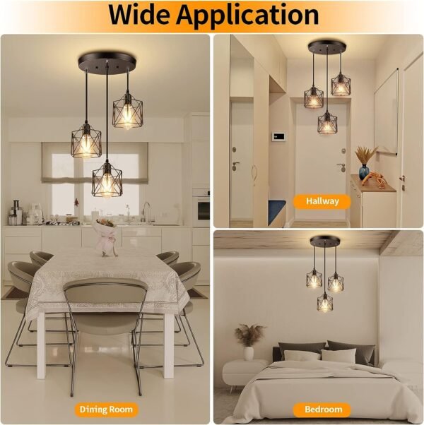 Industrial 3-Light Pendant Light, Adjustable Kitchen Hanging Ceiling Light Fixtures with Metal Cage, Black Farmhouse Pendant Lighting for Kitchen Island Dining Room Hallway, E26 Base
