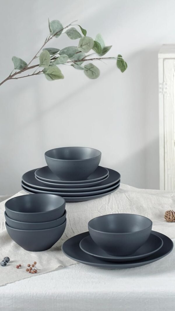 Moon Dinnerware Sets for 4, 12 Piece Stoneware Plates and Bowls Sets with Speckled Design, Matte Dish Set, Microwave and Dishwasher Safe, Charcoal