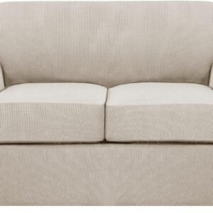 H.VERSAILTEX 3 Piece Stretch Sofa Covers for 2 Cushion Sofa Couch Covers for Living Room Furniture Cover (Base Cover Plus 2 Seat Cushion Covers) Thicker Jacquard Fabric(Large Sofa, Grey)