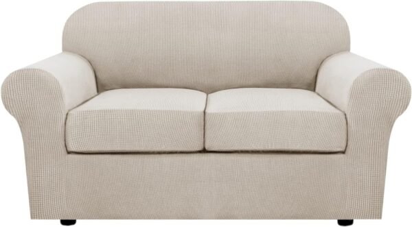 H.VERSAILTEX 3 Piece Stretch Sofa Covers for 2 Cushion Sofa Couch Covers for Living Room Furniture Cover (Base Cover Plus 2 Seat Cushion Covers) Thicker Jacquard Fabric(Large Sofa, Grey)