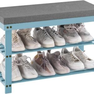 Bamboo Shoe Rack for Entryway, 3-Tier Shoe Rack Bench for Front Indoor Entrance, Small Shoe Organizer with Storage, 35.4 Inches, Black