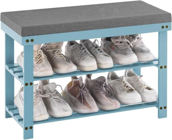 Bamboo Shoe Rack for Entryway, 3-Tier Shoe Rack Bench for Front Indoor Entrance, Small Shoe Organizer with Storage, 35.4 Inches, Black