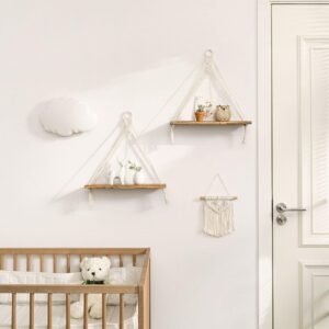 Macrame Hanging Shelves Boho Wall Decor Set of 2 Rustic Wood Floating Storage Shelf for Bedroom Bathroom Living Room Nursery Dorm Room, Display Shelving for Hanging Plants Photos