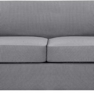 H.VERSAILTEX 3 Piece Stretch Sofa Covers for 2 Cushion Sofa Couch Covers for Living Room Furniture Cover (Base Cover Plus 2 Seat Cushion Covers) Thicker Jacquard Fabric(Large Sofa, Grey)