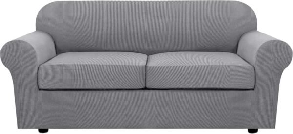 H.VERSAILTEX 3 Piece Stretch Sofa Covers for 2 Cushion Sofa Couch Covers for Living Room Furniture Cover (Base Cover Plus 2 Seat Cushion Covers) Thicker Jacquard Fabric(Large Sofa, Grey)