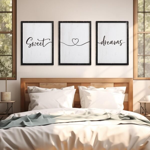 Sweet Dreams Wall Decor Above Bed 16''×12'' Set of 3 Farmhouse Bedroom Decor Wood Guest Room Decor Framed Wall Art (black frame)