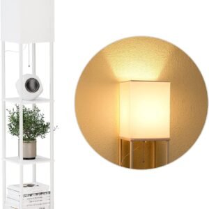 Floor Lamp with Shelves, Modern Square Standing Lamp with 3 Color Temperature Bulb, Corner Display Bookshelf Lamp for Living Room and Bedroom(Black)