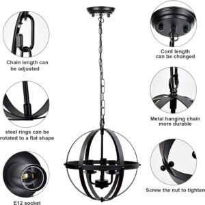 71oRAwgQa0L._AC_SL1500.jpg Vintage Pendant Hanging Light Fixtures, Flush Mount Ceiling Chandelier Lamp with Metal Spherical Shade for Kitchen, Dining Room, Living Room, Hallway, Entryway 3-Light, E12 Base-Matte Black