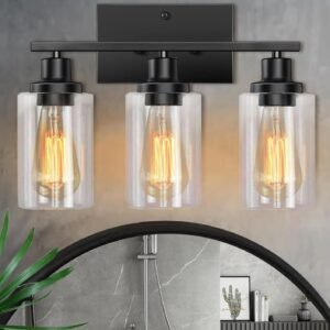 71oYDLrXhLL._AC_SL1500.jpg Bathroom Light Fixtures, 3-Light Bathroom Vanity Light, Matte Black Vanity Light with Clear Glass Shade, Modern Bathroom Lights Over Mirror, Vanity Lighting Fixtures for Bathroom, Living Room, Hallway