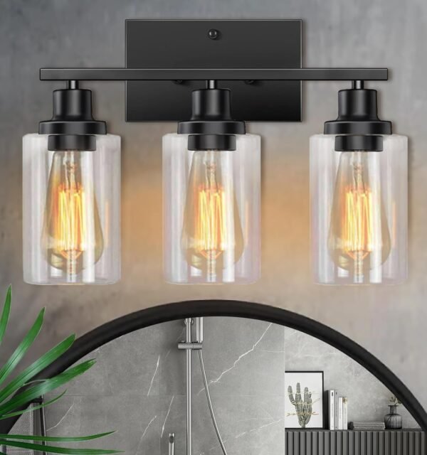 71oYDLrXhLL._AC_SL1500.jpg Bathroom Light Fixtures, 3-Light Bathroom Vanity Light, Matte Black Vanity Light with Clear Glass Shade, Modern Bathroom Lights Over Mirror, Vanity Lighting Fixtures for Bathroom, Living Room, Hallway