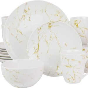 Fine Round Gloss Dinnerware Dish Set, 16 Piece, Black and White Marble