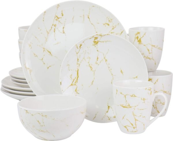 Fine Round Gloss Dinnerware Dish Set, 16 Piece, Black and White Marble