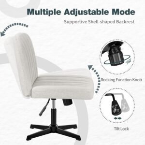 Armless Office Desk Chair No Wheels, Cross Legged Office Chairs Padded Wide Seat, Fabric Modern Adjustable Swivel Accent Chair, Computer Task Vanity Chair for Home Office (Beige)