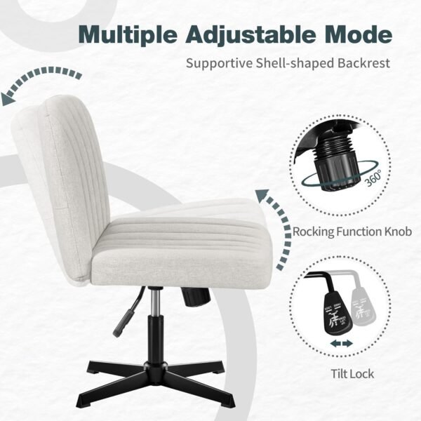 Armless Office Desk Chair No Wheels, Cross Legged Office Chairs Padded Wide Seat, Fabric Modern Adjustable Swivel Accent Chair, Computer Task Vanity Chair for Home Office (Beige)