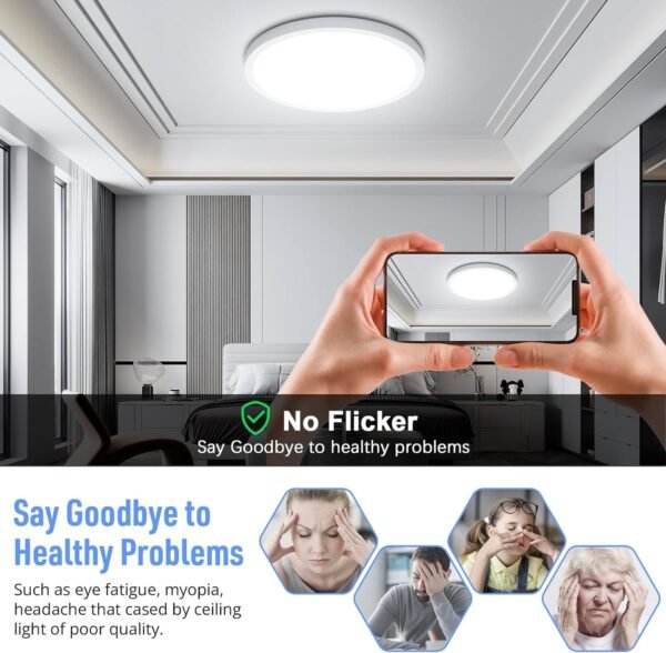 71oz-9TG8lL._AC_SL1500.jpg LED Flush Mount Ceiling Light Fixture, 5000K Daylight White, 2400LM, 12 Inch 24W White Round Flat Ceiling Lights, 240W Equiv. Non-Dimmable