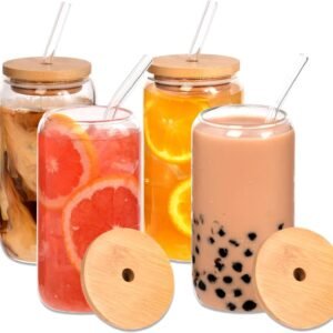 71pBMJXM5LL._AC_SL1500.jpg 12pcs Glass Cups with Bamboo Lids and Glass Straws Set-16oz Can Shaped Drinking Glasses, Beer Glasses, Iced Coffee Glasses, Cute Tumbler Cup, Ideal for Whiskey,Cocktail,Wine,Gift-2 Cleaning Brushes