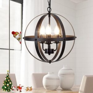 71pKaiWKGzL._AC_SL1500.jpg Vintage Pendant Hanging Light Fixtures, Flush Mount Ceiling Chandelier Lamp with Metal Spherical Shade for Kitchen, Dining Room, Living Room, Hallway, Entryway 3-Light, E12 Base-Matte Black
