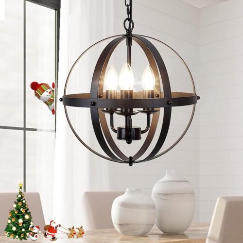 Vintage Pendant Hanging Light Fixtures, Flush Mount Ceiling Chandelier Lamp with Metal Spherical Shade for Kitchen, Dining Room, Living Room, Hallway, Entryway 3-Light, E12 Base-Matte Black