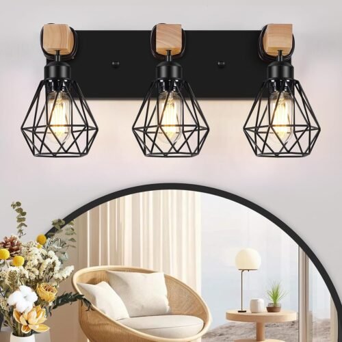 Light Farmhouse Bathroom Vanity Light Fixtures, Wood Bathroom Lighting Over Mirror, Black Vanity Lights with Metal Lampshade, Vintage Wall Light Fixtures for Bedroom, Living Room, Hallway