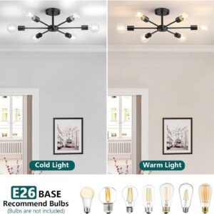 6-Lights Semi Flush Mount Ceiling Light, Matte Black Close to Ceiling Lighting with E26 Base, Modern Sputnik Light Fixtures for Kitchen Dining Room Bedroom Living Room