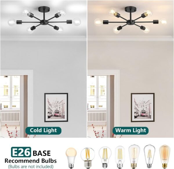 6-Lights Semi Flush Mount Ceiling Light, Matte Black Close to Ceiling Lighting with E26 Base, Modern Sputnik Light Fixtures for Kitchen Dining Room Bedroom Living Room