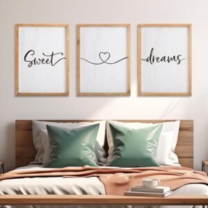 Sweet Dreams Wall Decor Above Bed 16''×12'' Set of 3 Farmhouse Bedroom Decor Wood Guest Room Decor Framed Wall Art (black frame)