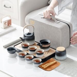 Asian tea set |Kungfu tea sets |Ceramic Portable tea set |tea sets for adult |13-piece withgrey leather case |Tea set gift for Home, Outdoor, Business (Ceramic-Black teaset)