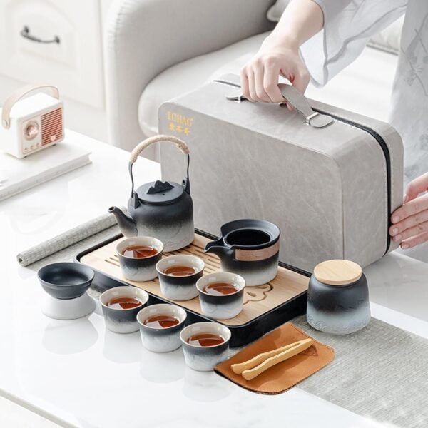 Asian tea set |Kungfu tea sets |Ceramic Portable tea set |tea sets for adult |13-piece withgrey leather case |Tea set gift for Home, Outdoor, Business (Ceramic-Black teaset)