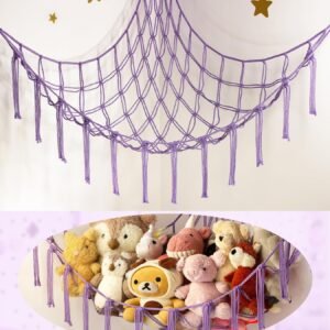 Large Stuffed Animal Hammock Corner Net for Toys Storage Hanging Stuff Animal Organizer Holder Pink Girls Living Room Bedroom Boho Nursery Dorm Decor