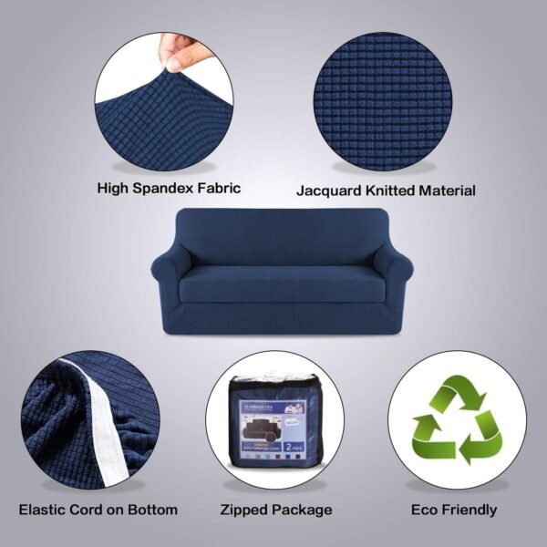 H.VERSAILTEX High Stretch Jacquard 2 Pieces Sofa Cover Couch Cover Furniture Sofa Slip Covers for Living Room, Polyester Spandex Jacquard Fabric Suit for T Cushion/Box Cushion (Sofa 72"-88", Navy)