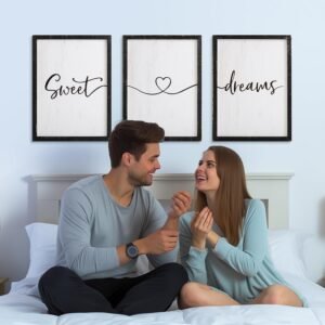 Sweet Dreams Wall Decor Above Bed 16''×12'' Set of 3 Farmhouse Bedroom Decor Wood Guest Room Decor Framed Wall Art (black frame)