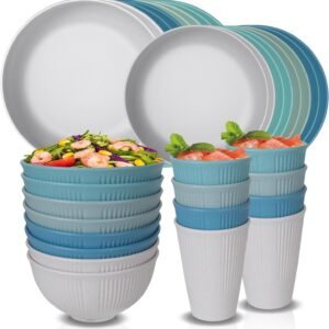 48 Pcs Dinnerware Sets, Unbreakable Plates and Bowls Sets, Reusable Dinnerware Sets for 4 People, Travel Camping Picnic Home Party Cutlery Set, Dishwasher Microwave Safe Dishes