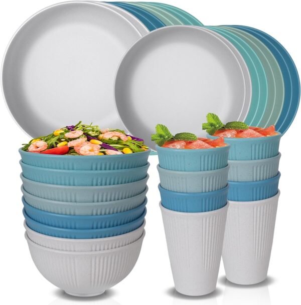 48 Pcs Dinnerware Sets, Unbreakable Plates and Bowls Sets, Reusable Dinnerware Sets for 4 People, Travel Camping Picnic Home Party Cutlery Set, Dishwasher Microwave Safe Dishes