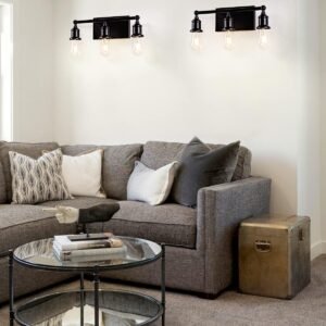 3-Light Vanity Light Fixture, Industrial Black Wall Sconce Lighting Fixture, Farmhouse Vanity Wall Lights Over Mirror, E26 Base Indoor Wall Lamp for Bathroom (Bulb Not Included)