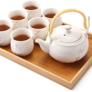 Japanese White Porcelain Tea Set with 1 Teapot Set, 6 Tea Cups, 1 Tea Tray, 1 Stainless Infuser, Cute Asian Tea Set for Tea Lover/Women/Men (Plum in Golden)