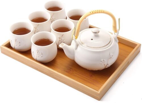 Japanese White Porcelain Tea Set with 1 Teapot Set, 6 Tea Cups, 1 Tea Tray, 1 Stainless Infuser, Cute Asian Tea Set for Tea Lover/Women/Men (Plum in Golden)